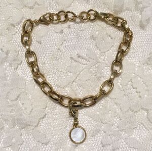 Gold Tone Chain Charm Bracelet Mother of Pearl Charm Dainty